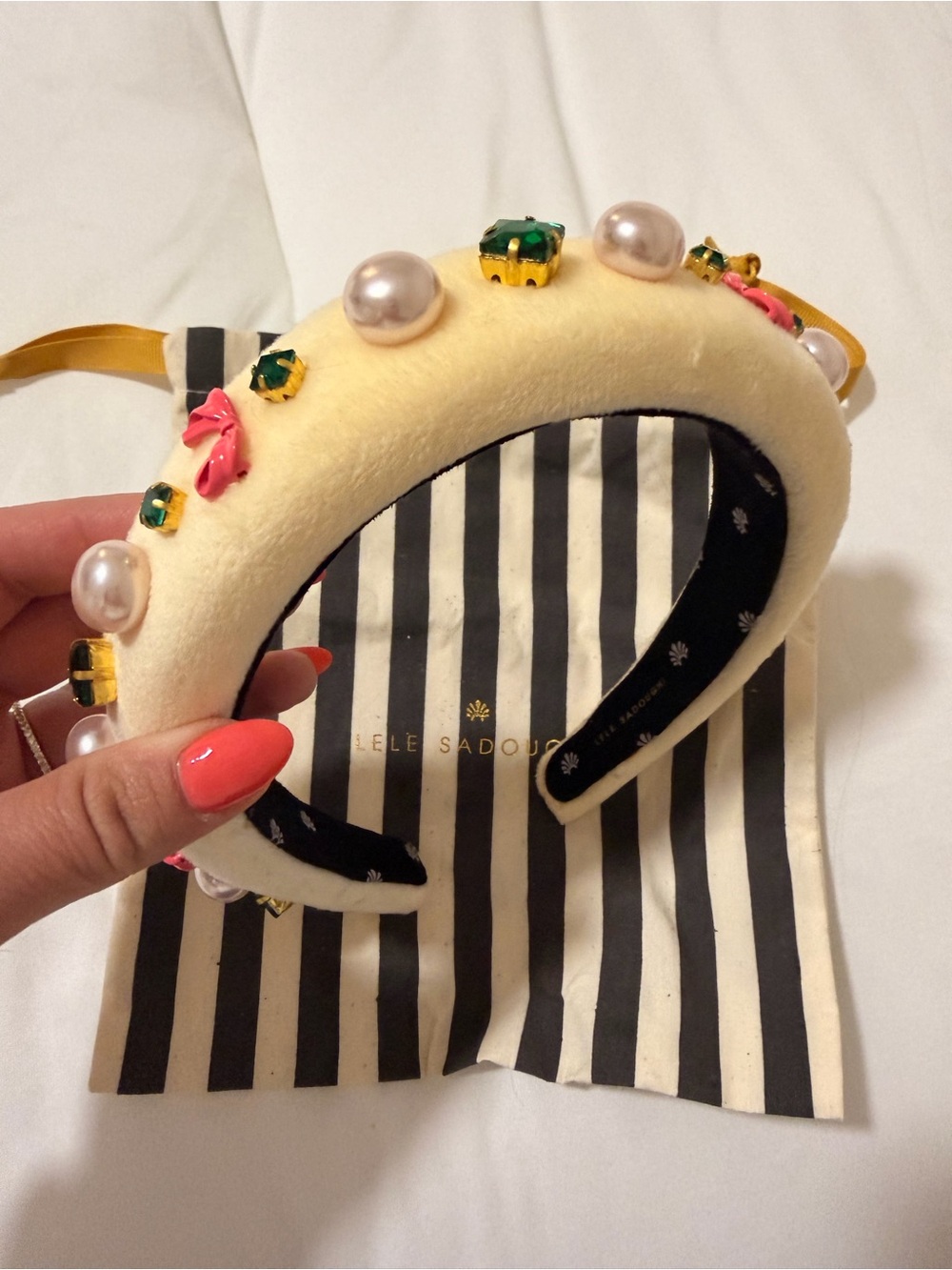 Lele Sadoughi Cream Velvet Headband with Pearls, Green Jewels & Pink Accents